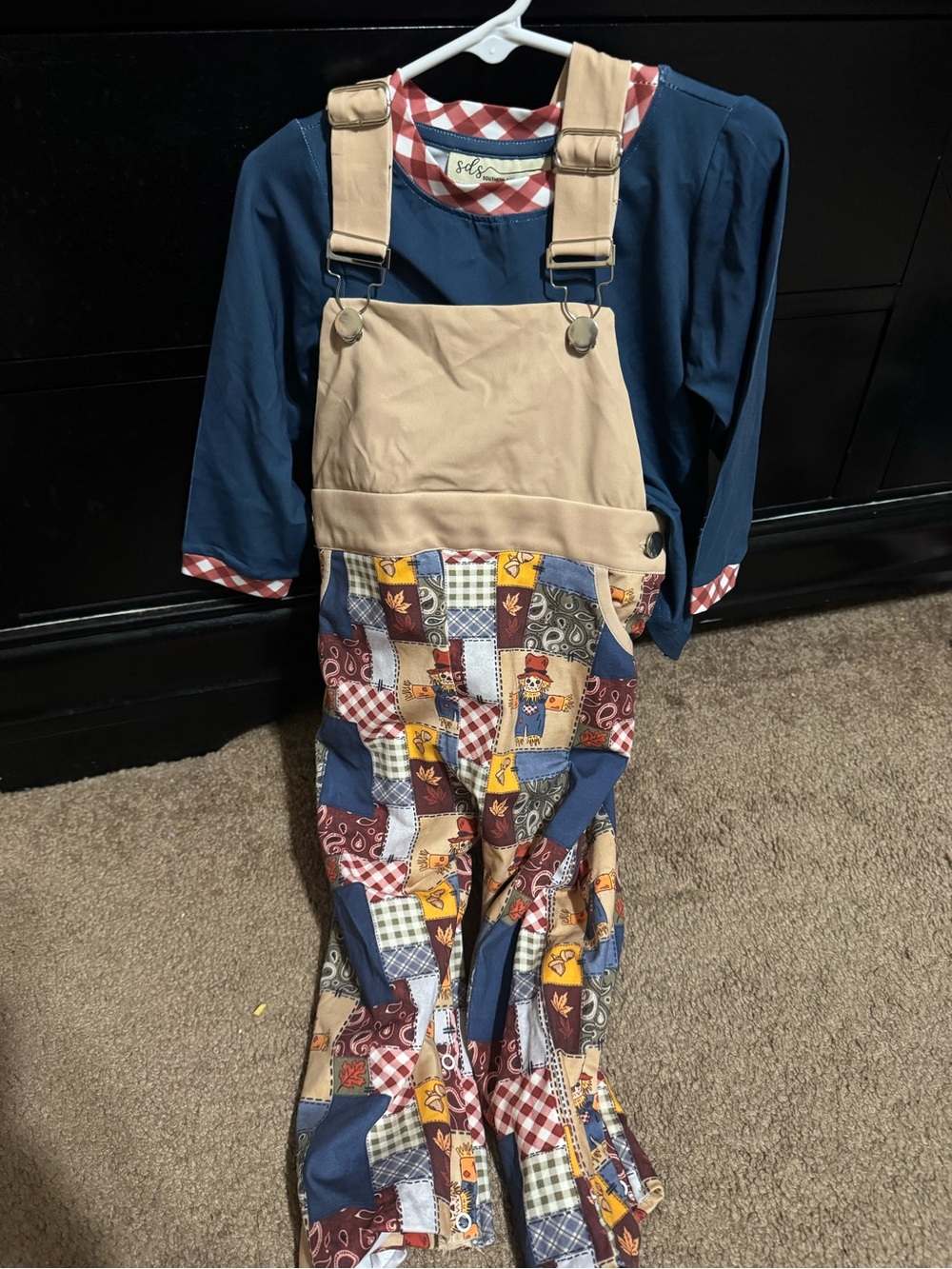 Kids Patchwork Overalls with Beige Bib and Navy Accents